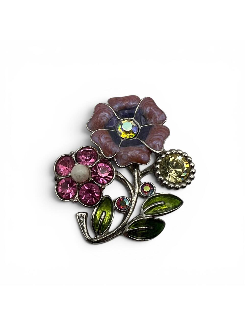 Vintage Y2K Floral Rhinestone Brooch Pin